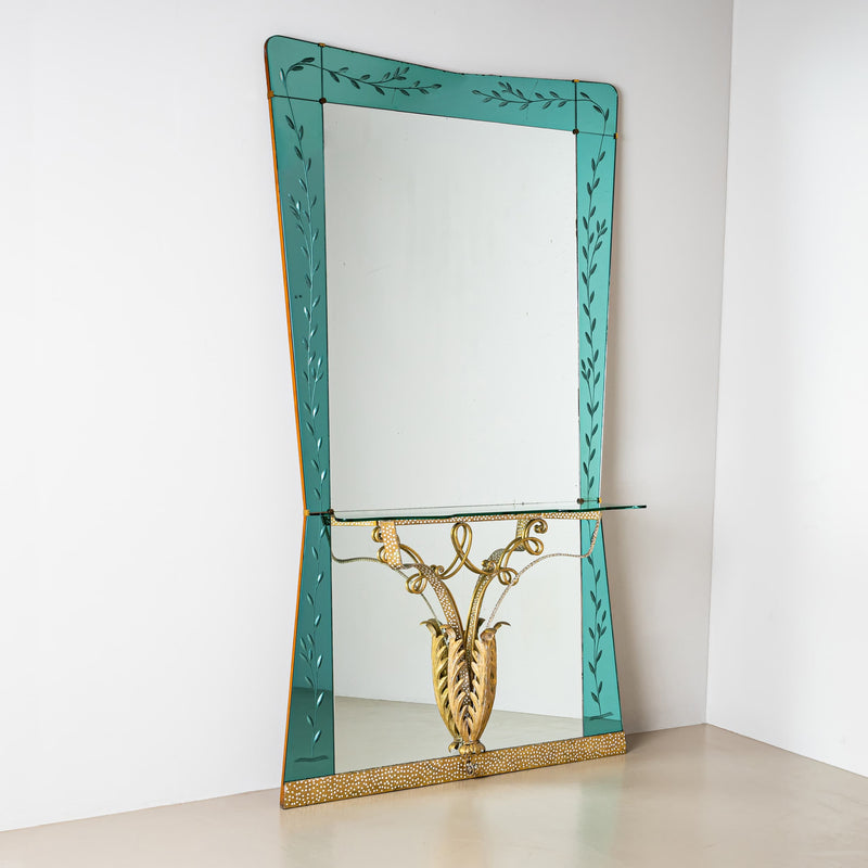 Large Wall Mirror with Console and Etched Decor, Italy, 1940s