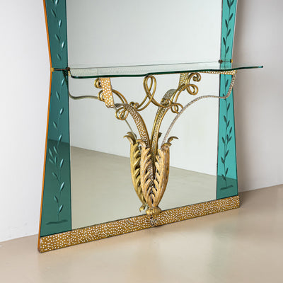 Large Wall Mirror with Console and Etched Decor, Italy, 1940s