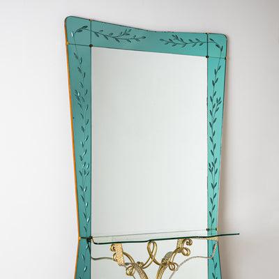 Large Wall Mirror with Console and Etched Decor, Italy, 1940s