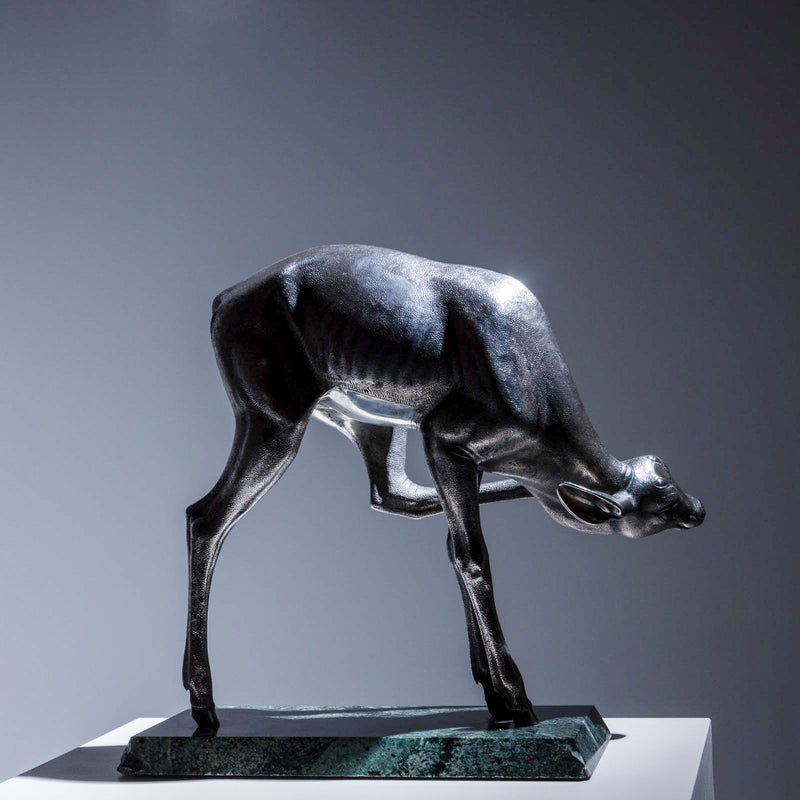 Naturalistic Silver Doe Sculpture by Sirio Tofanari (1886-1969) on Dark Green Marble Base