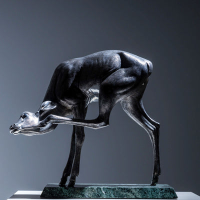 Naturalistic Silver Doe Sculpture by Sirio Tofanari (1886-1969) on Dark Green Marble Base