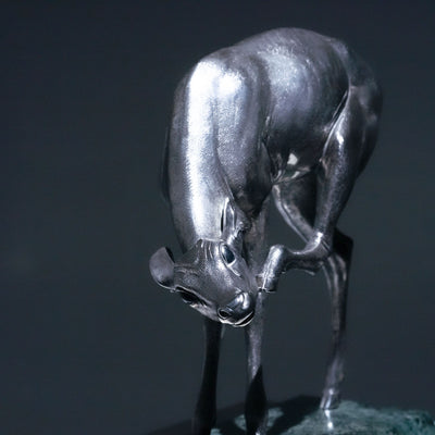 Naturalistic Silver Doe Sculpture by Sirio Tofanari (1886-1969) on Dark Green Marble Base