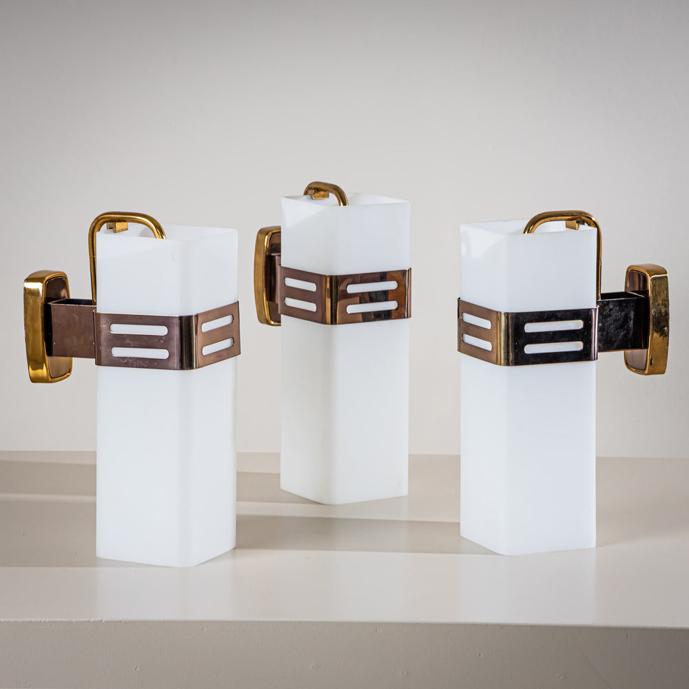 Set of Three Wall Sconces in Opaline Glass and Brass by Stilnovo, Milan, Italy, 1950s