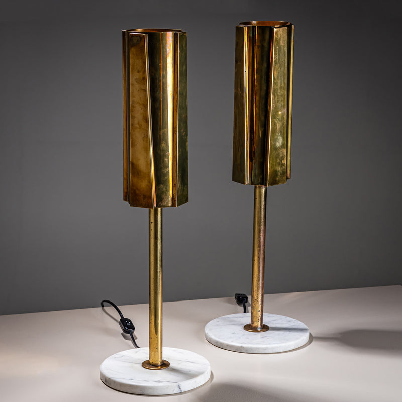Pair of Brass and Marble Table Lamps, Probably Italy, 1960s/70s