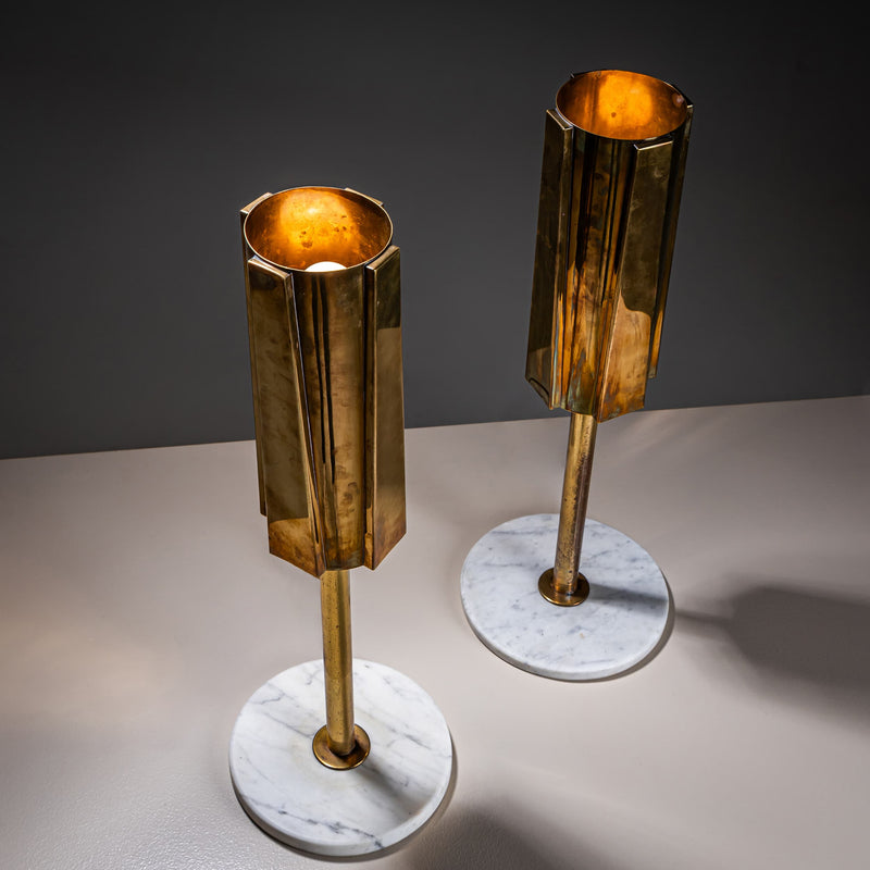Pair of Brass and Marble Table Lamps, Probably Italy, 1960s/70s