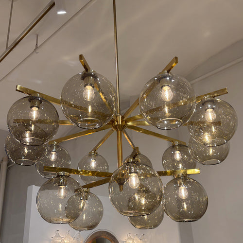 Pair of large Brass and Glass Globes Chandeliers by Hans-Agne Jacobson, Sweden, 1960s