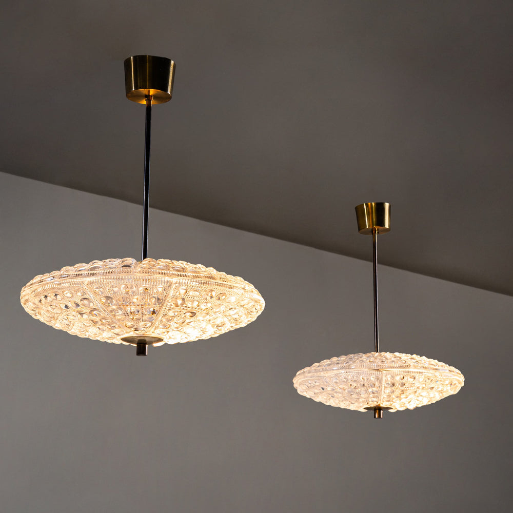 Pair of Pendant Lights in Orrefors Crystal and Brass, attributed to Carl Fagerlund for Lyfa, Sweden/Denmark, 1960s
