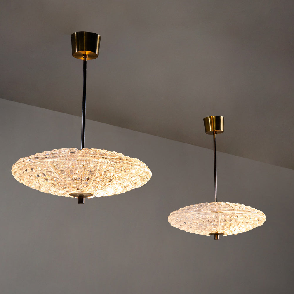 Pair of Pendant Lights in Orrefors Crystal and Brass, attributed to Carl Fagerlund for Lyfa, Sweden/Denmark, 1960s