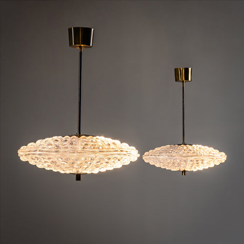 Pair of Pendant Lights in Orrefors Crystal and Brass, attributed to Carl Fagerlund for Lyfa, Sweden/Denmark, 1960s