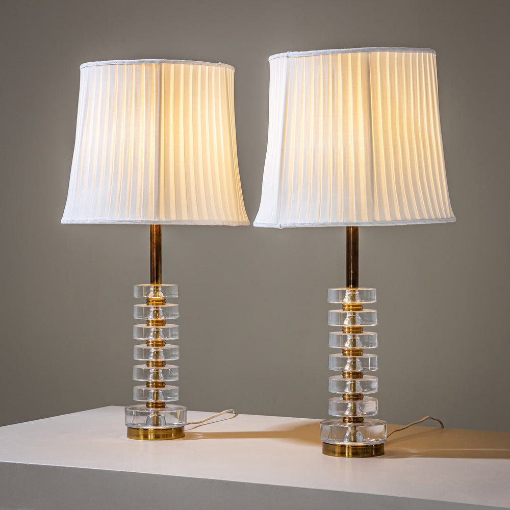 Pair of Glass and Brass Table Lamps by Carl Fagerlund for Orrefors, Sweden, Mid-20th Century