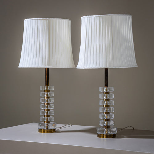 Pair of Glass and Brass Table Lamps by Carl Fagerlund for Orrefors, Sweden, Mid-20th Century