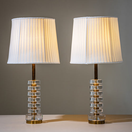 Pair of Glass and Brass Table Lamps by Carl Fagerlund for Orrefors, Sweden, Mid-20th Century