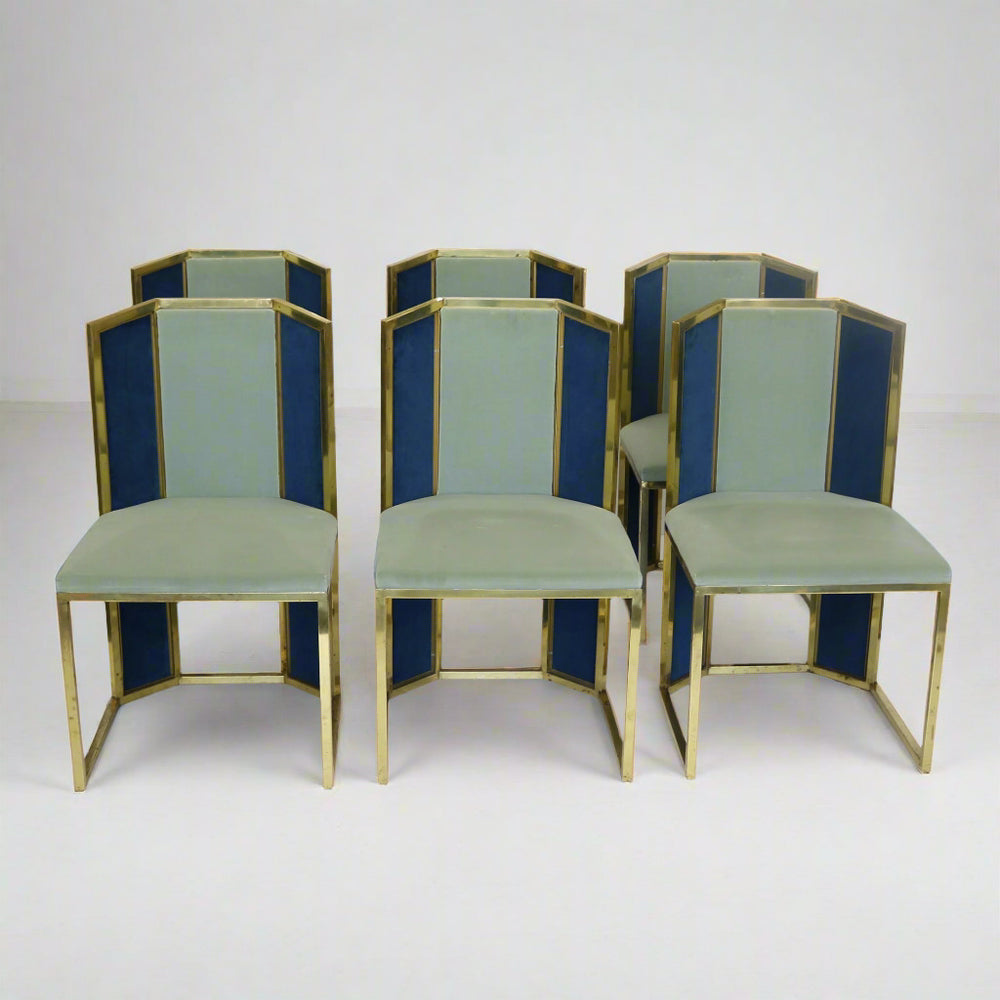 Set of Six Hollywood Regency Style Side Chairs with Brass Frames