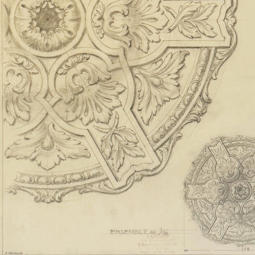 Original Maison Jansen Architectural Detail Pencil Drawing, France 1940s