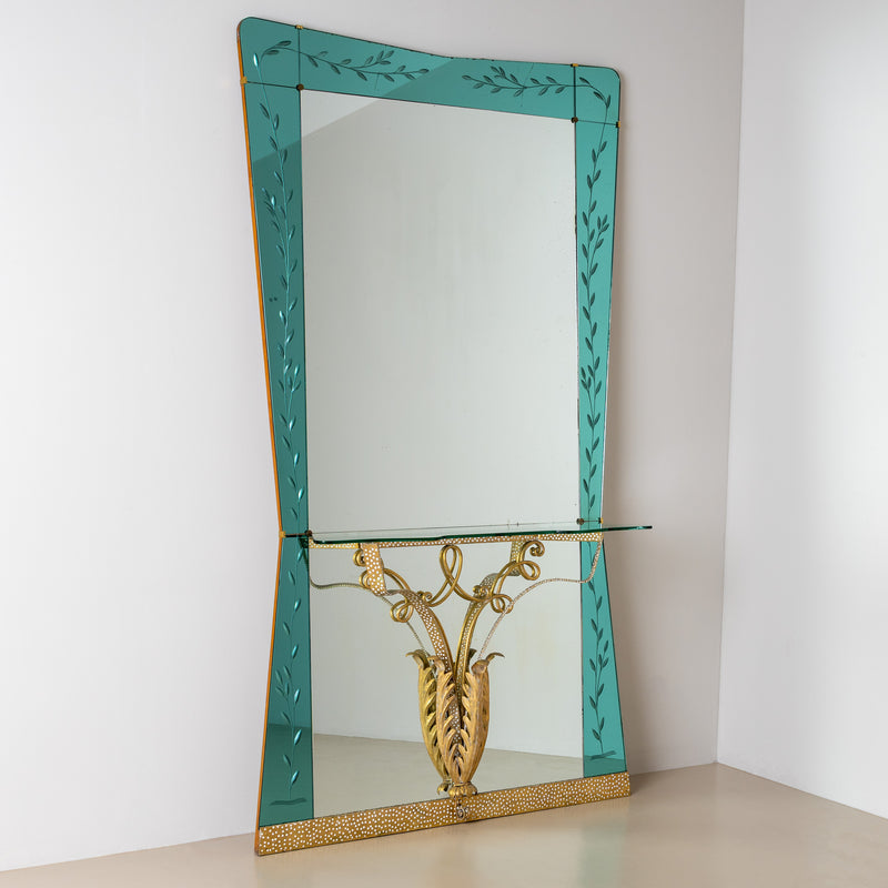 Large Wall Mirror with Console and Etched Decor, Italy, 1940s