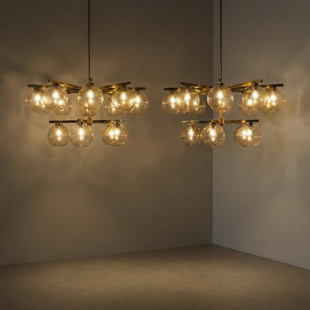 Pair of large Brass and Glass Globes Chandeliers by Hans-Agne Jacobson, Sweden, 1960s