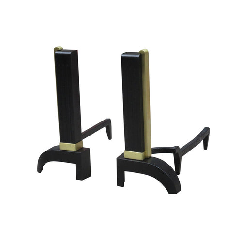 Pair French Art Deco Period Iron Brass Andirons France 1930