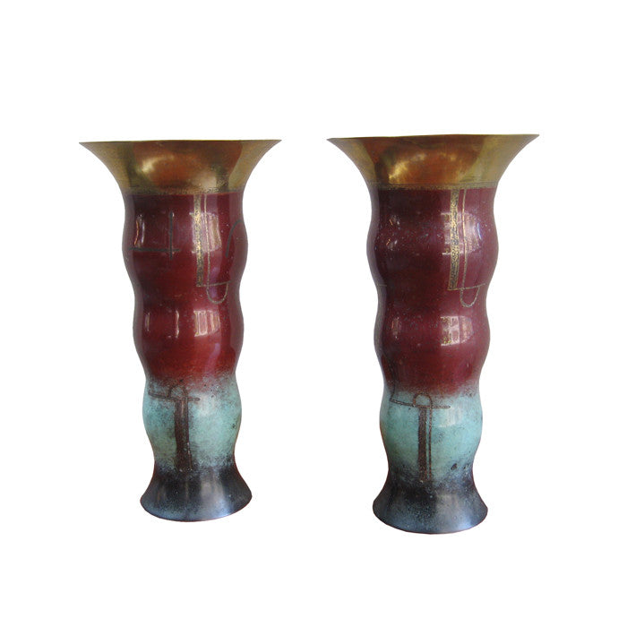 Pair Of Art Deco "Ikora" Mixed Metal Vases By WMF