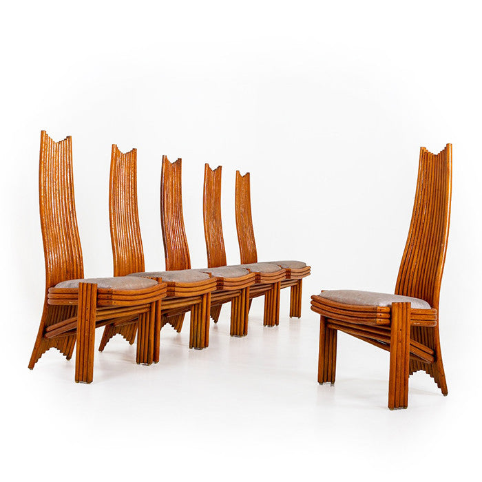 Set of Six Modernist Tall Back Bamboo Dining Chairs
