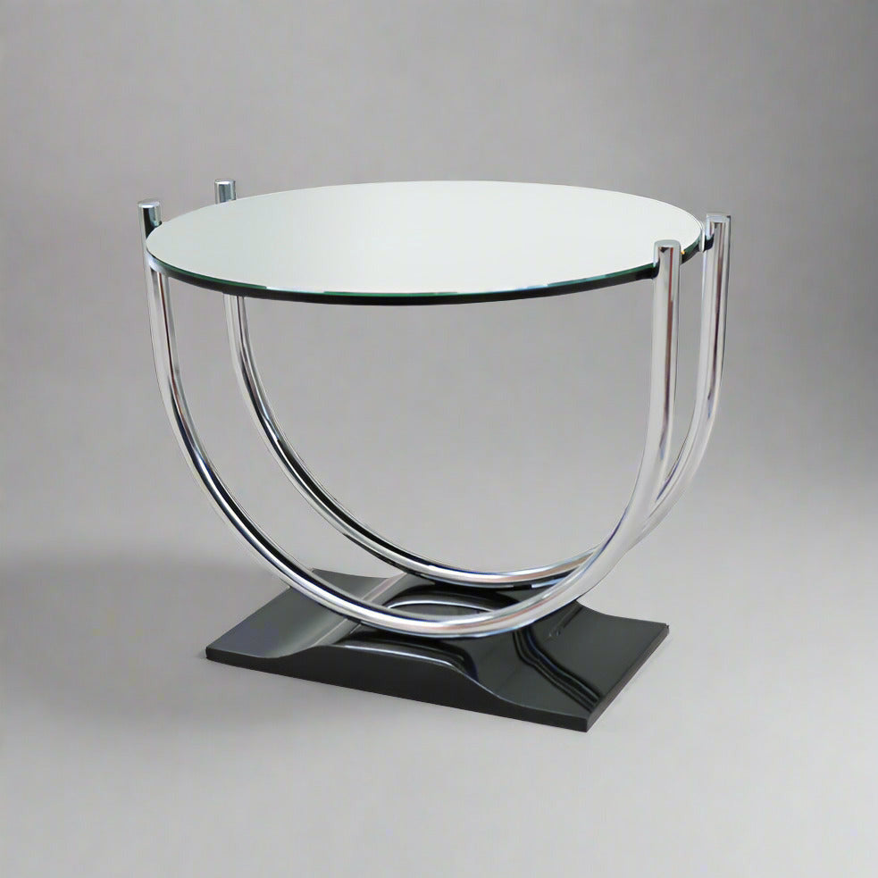 French Art Deco Round Chrome Black Side Table 1930